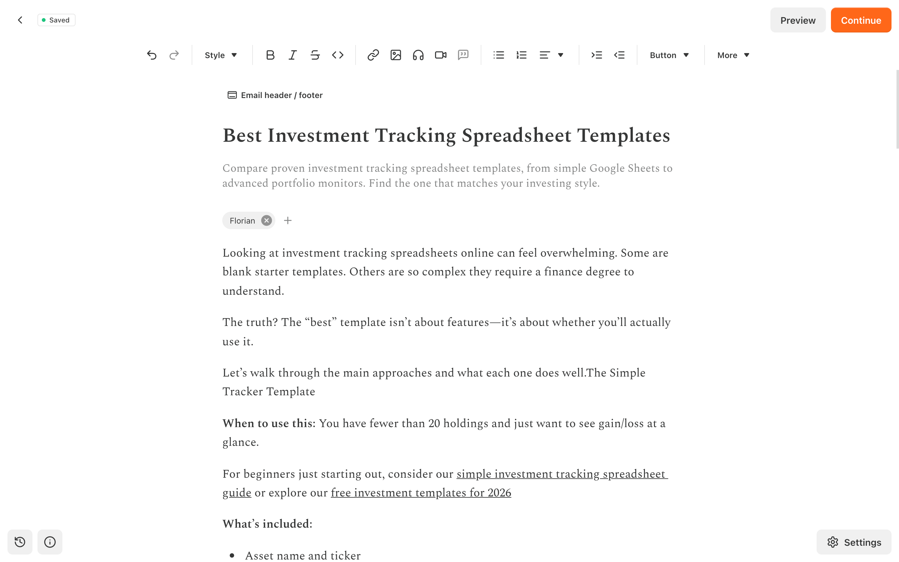 A content draft shown in an editor, with a headline, introduction, and structured sections.